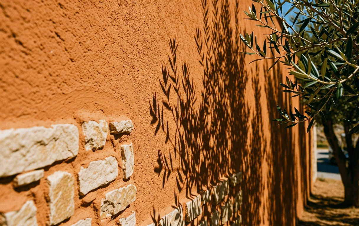 Sunlight hitting a warm stone wall in Greece